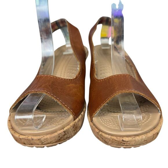 Crocs A-Leigh Leather Brown Cork Wedge Slingback Open Toe Sandals Shoes sz 7 - Picture 7 of 16